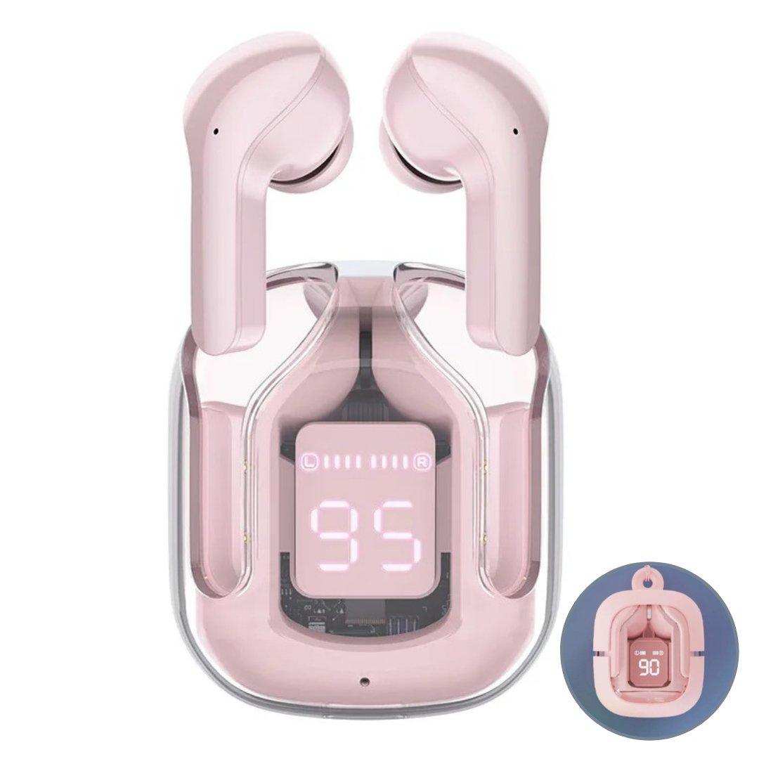 Pink true wireless stereo earbuds with digital display in transparent charging case, TUTT