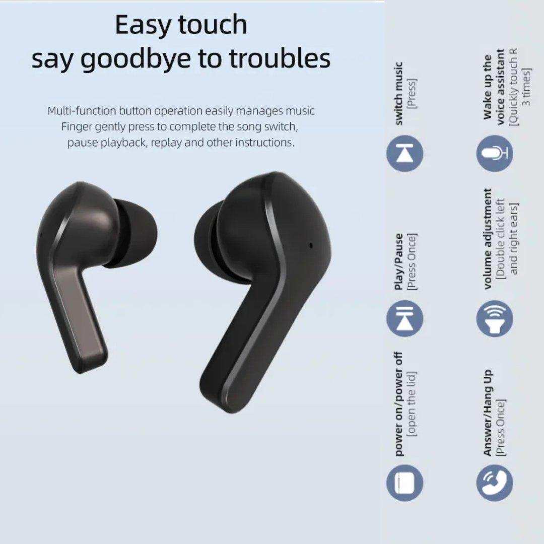 Black in-ear wireless earbuds with touch controls and function guide, TUTT