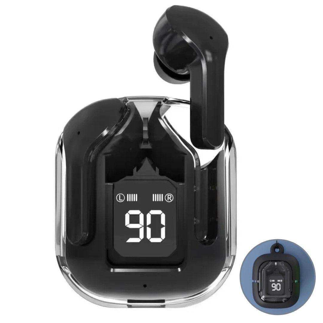 Black true wireless earbuds with digital display in a transparent charging case, TUTT