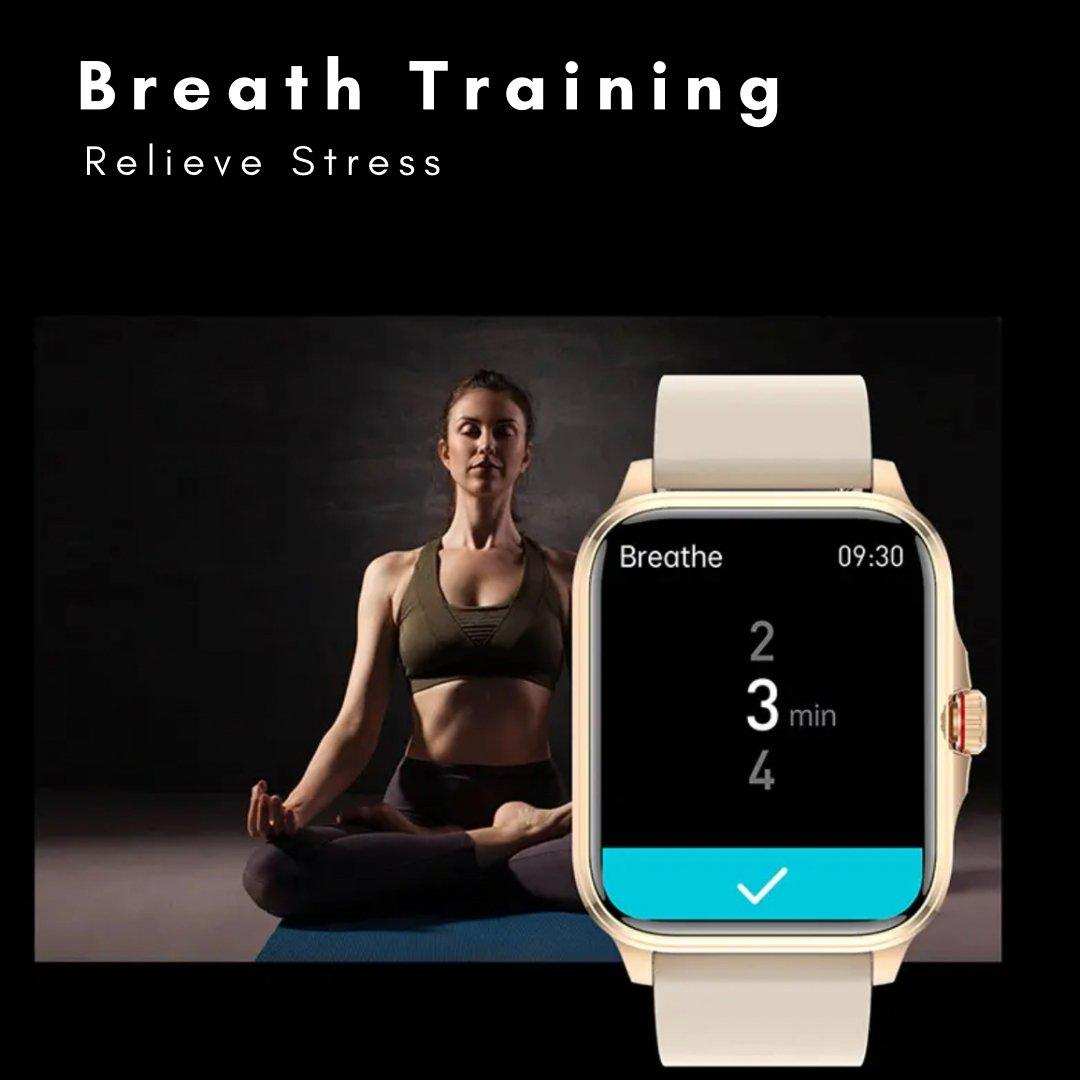 Woman practicing yoga in sportswear with rose gold TUTT smartwatch showing breath training mode TUTT