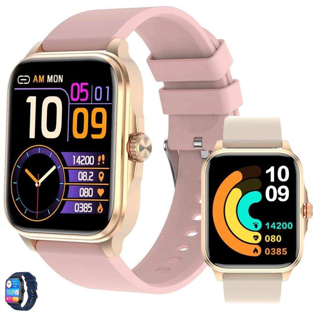 Rose gold women's smartwatch with large HD display, fitness and heart rate tracking, two straps, pedometer, body temperature sensor. TUTT