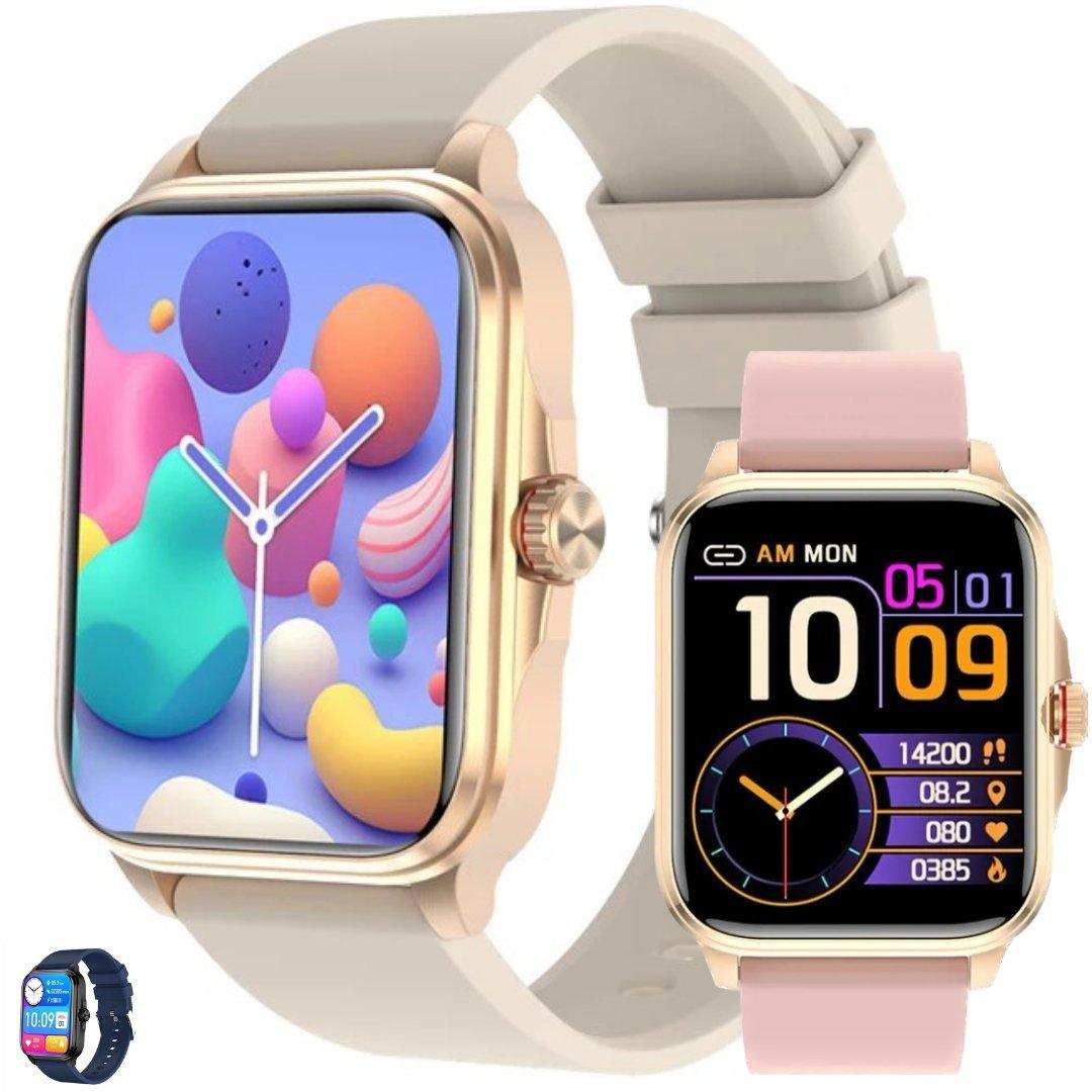 Rose gold women's smartwatch with large HD screen, fitness tracker, health monitoring, two straps. TUTT