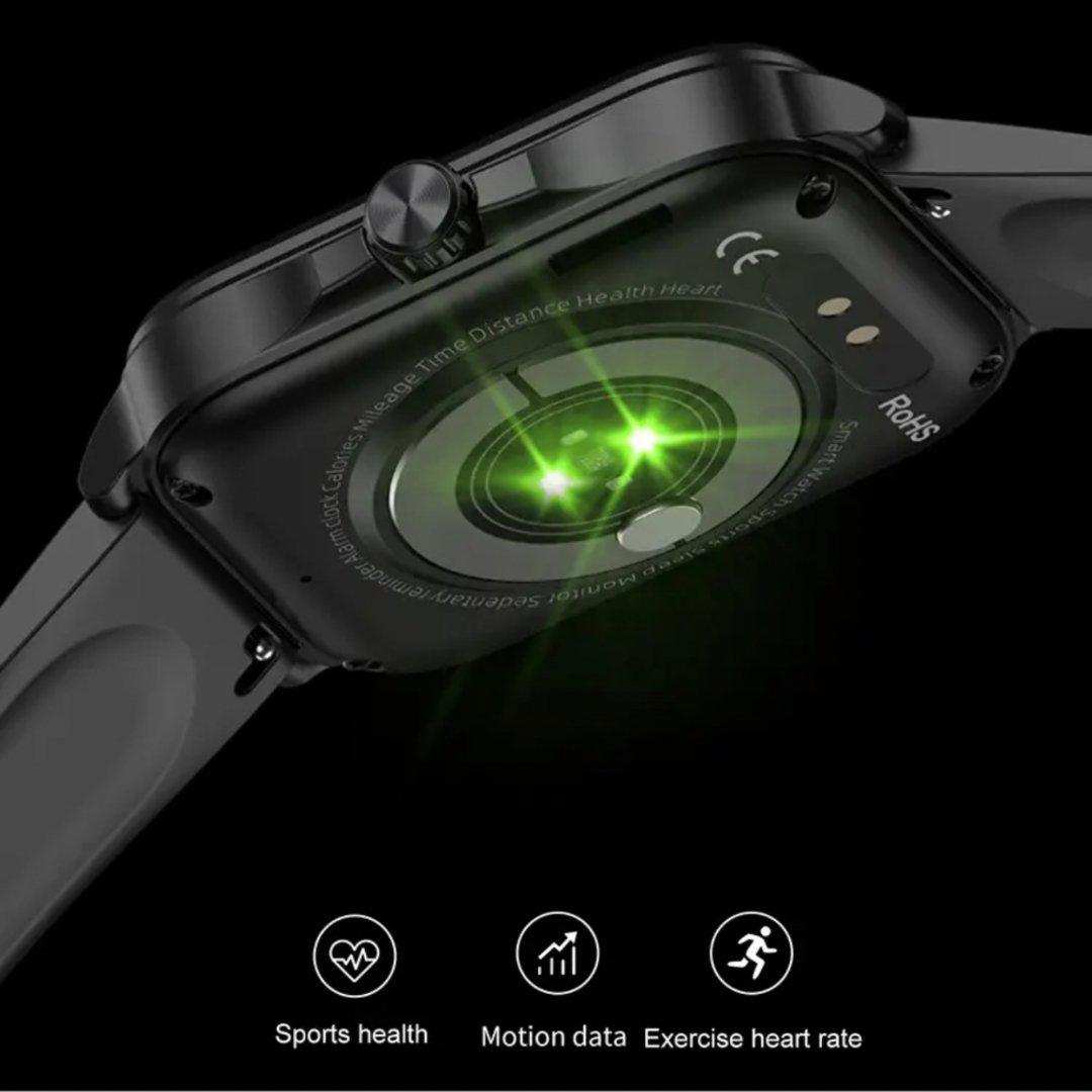 Black women smartwatch back view with heart rate sensor lights, fitness tracker icons. TUTT