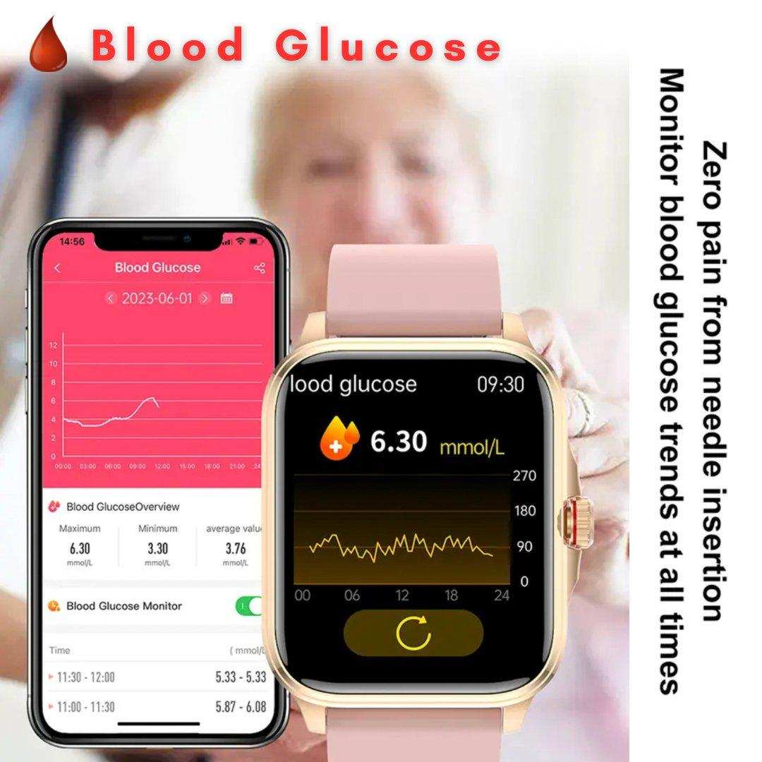 Rose gold women's smartwatch and smartphone displaying blood glucose monitoring feature, fitness tracker, TUTT
