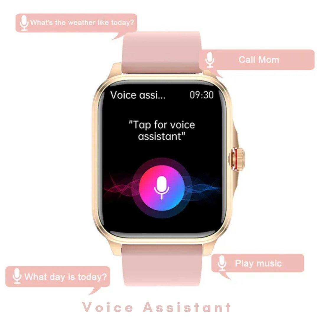 Rose gold women's smartwatch with pink strap, large HD screen, voice assistant feature displayed. TUTT