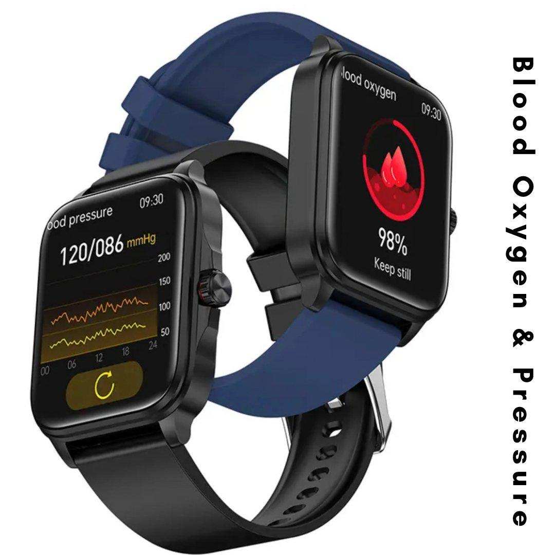 Two smartwatches display blood pressure and blood oxygen monitoring features, fitness tracker TUTT