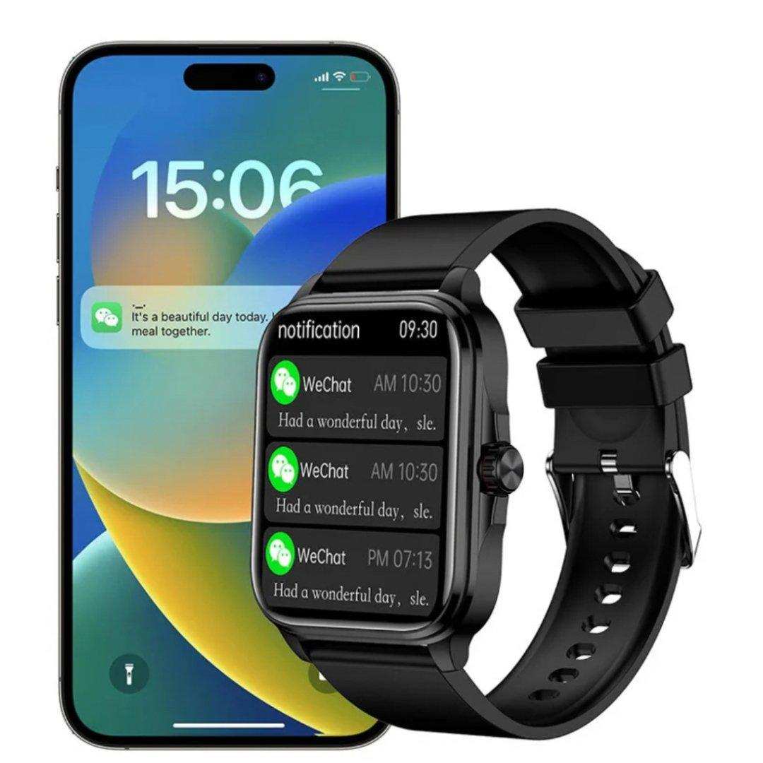 Black women's smartwatch with pedometer and notifications, displayed with smartphone. TUTT