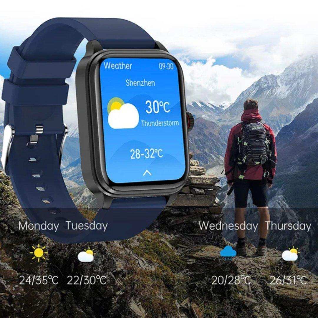 Smartwatch with weather display and blue strap, mountain background, man hiking, TUTT