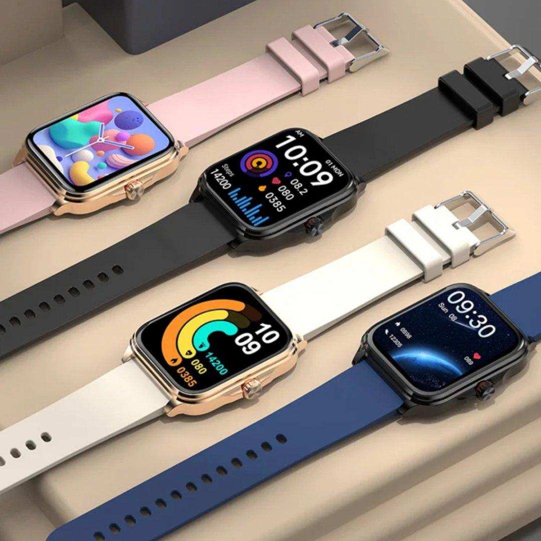 Four women's smartwatches with colorful screens and silicone straps in pink, black, white, and blue, fitness and health tracker TUTT