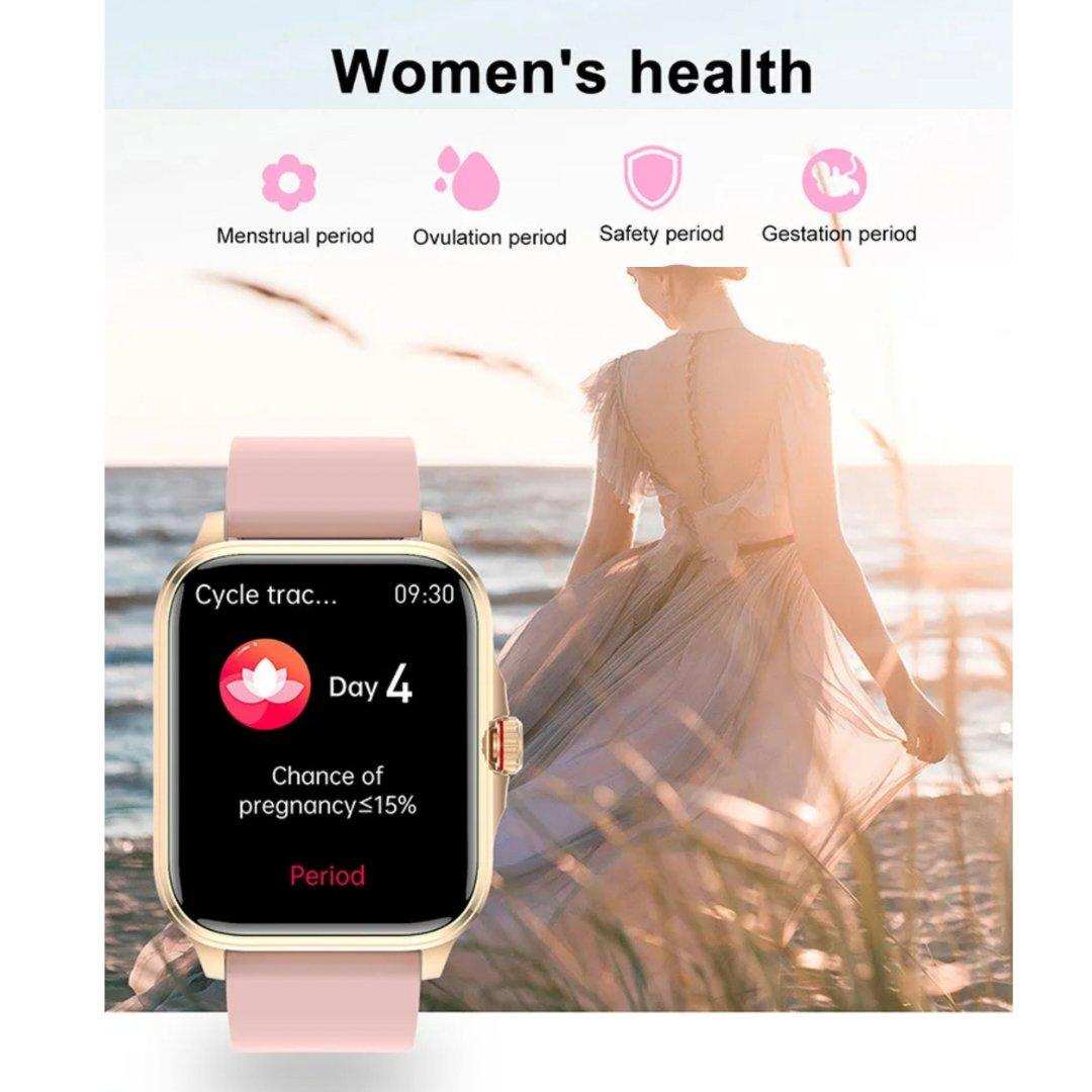 Rose gold women's smartwatch with health tracking display in front of a woman by the sea, TUTT