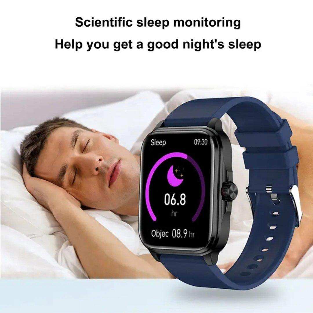 Smartwatch with sleep monitoring display, dark blue strap, next to a man sleeping in bed, scientific sleep tracking TUTT