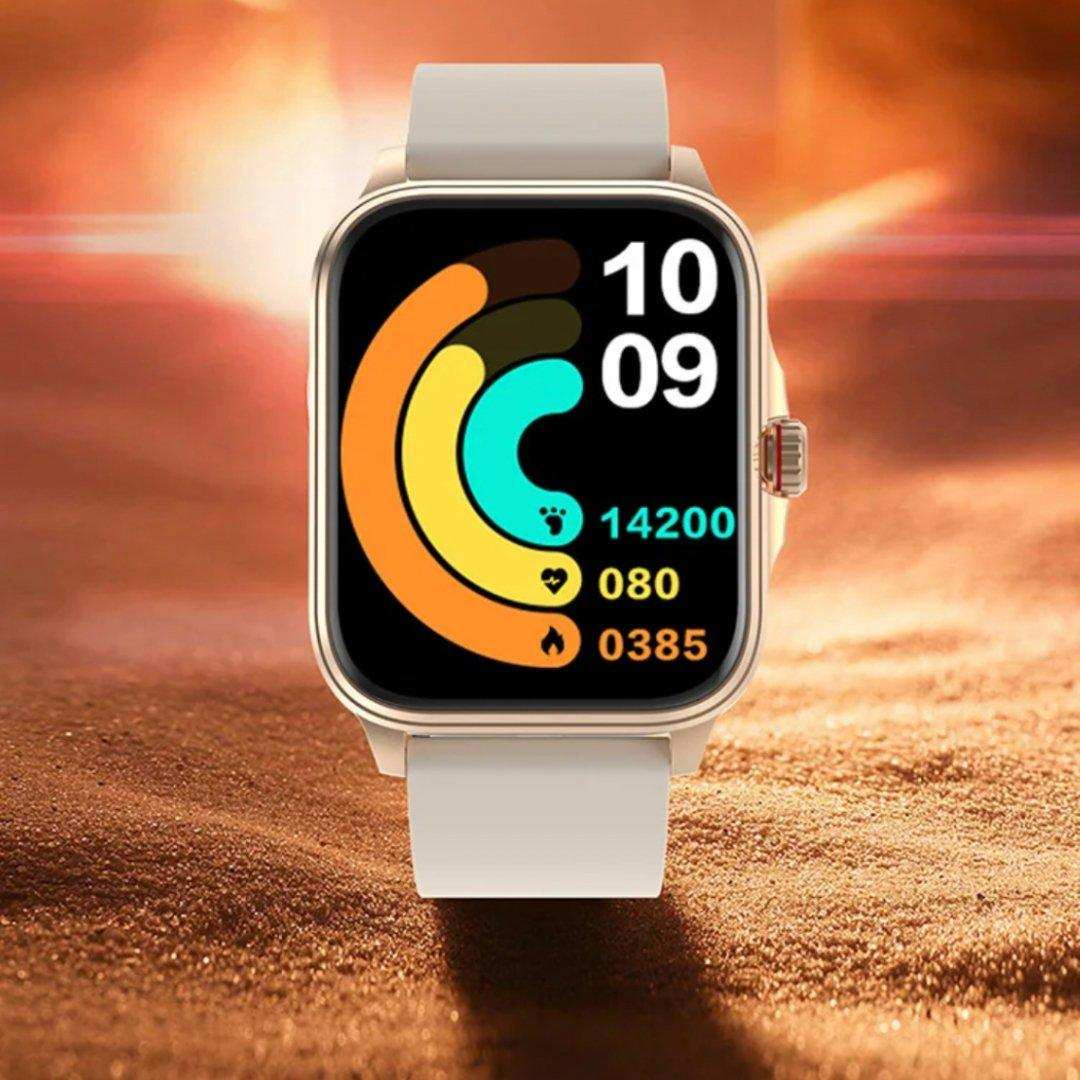 Rose gold women's smartwatch with fitness tracker, heart rate, step counter on sandy background, TUTT