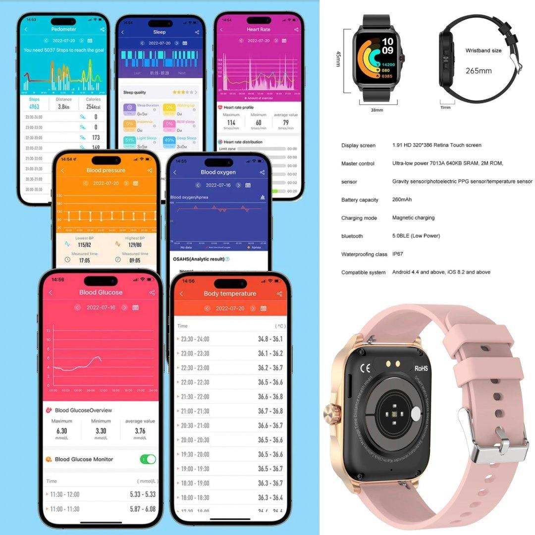 Women’s rose gold smartwatch with pink strap, displaying health and fitness tracking apps, TUTT