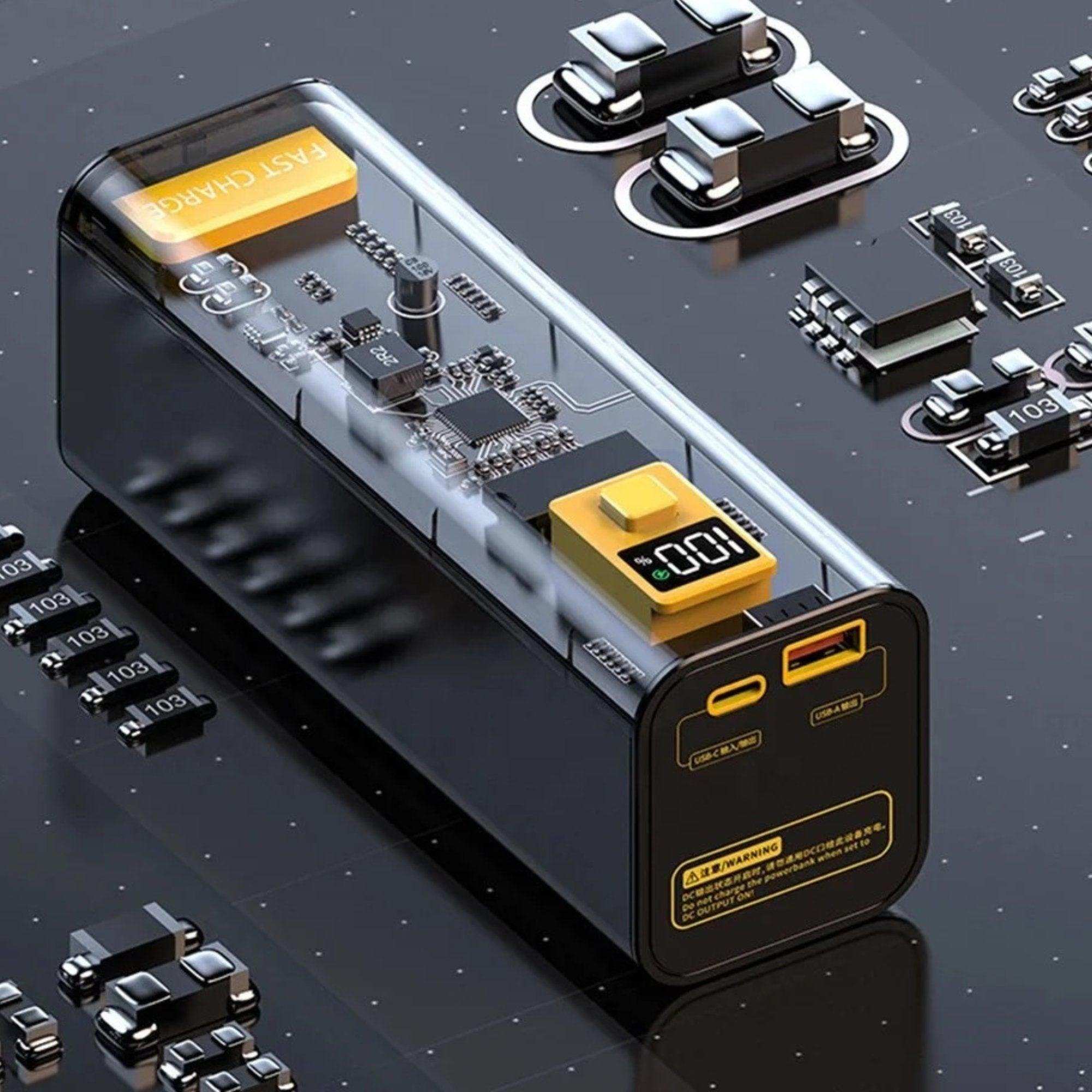 Transparent high-capacity 40000mAh power bank with digital display and fast charging ports TUTT