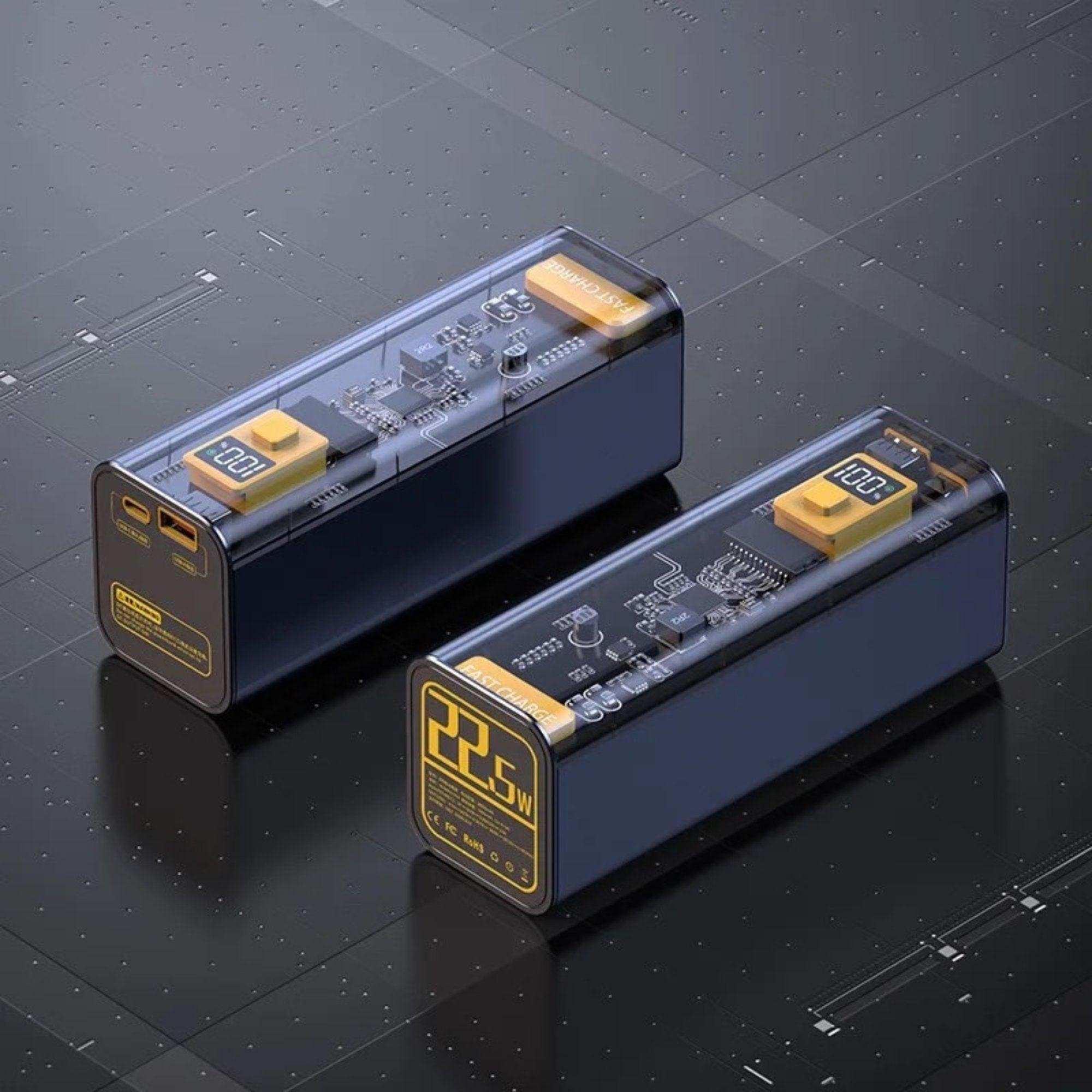 Transparent 40000mAh high capacity power bank with digital display, dual ports, and fast charging, TUTT