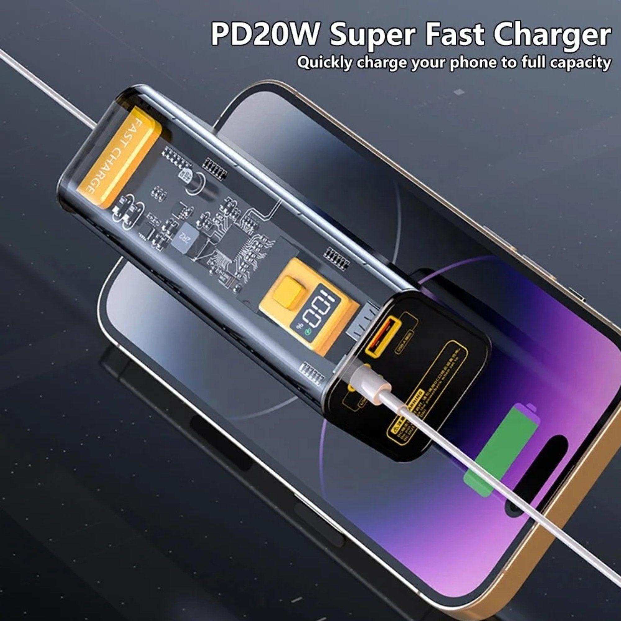 Transparent high-capacity 40000mAh power bank with digital display charging a smartphone, PD20W Super Fast Charger, visible internal circuit design, USB charging cable connected, TUTT