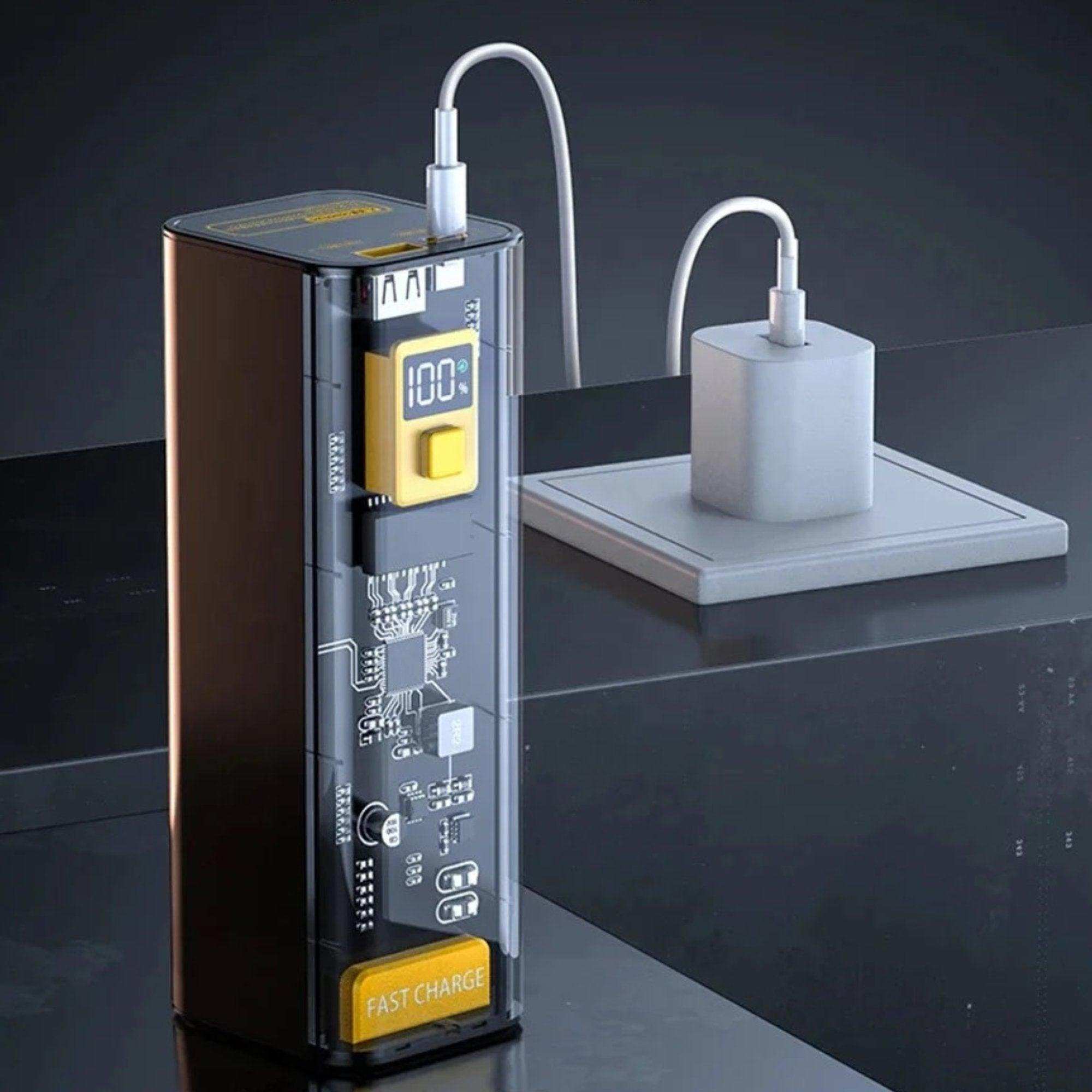 Transparent high-capacity 40000mAh power bank with digital display and fast charge, TUTT