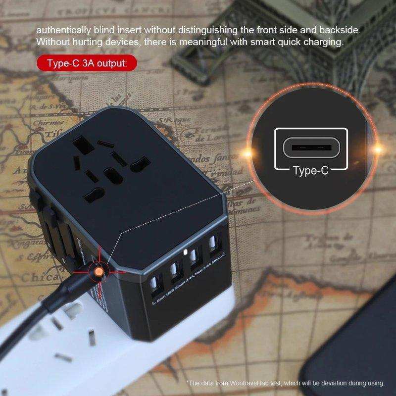 Universal travel adapter with multiple USB ports and Type-C output on a vintage map. TUTT