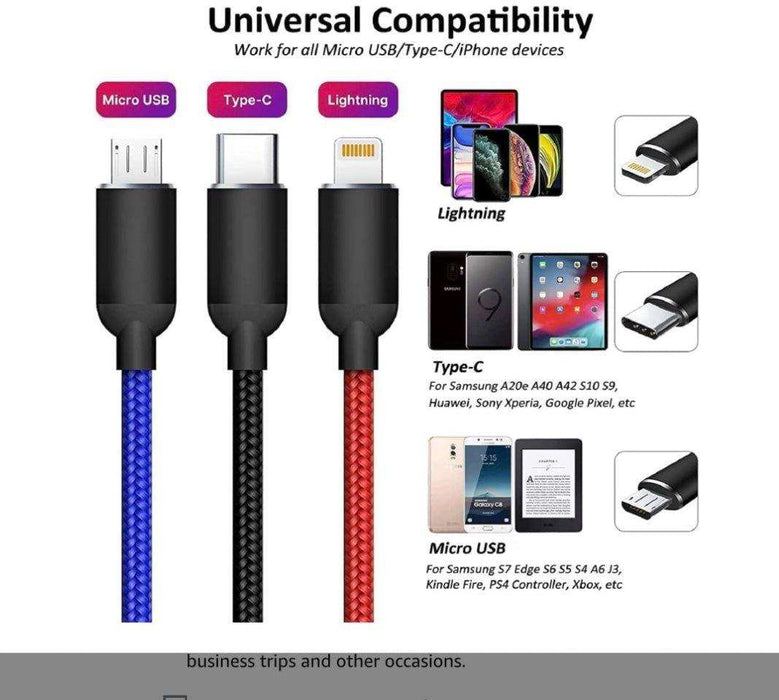 Universal compatibility charging cables with Micro USB, Type-C, and Lightning connectors, braided design, suitable for smartphones and devices. TUTT