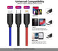 Universal compatibility charging cables with Micro USB, Type-C, and Lightning connectors, braided design, suitable for smartphones and devices. TUTT