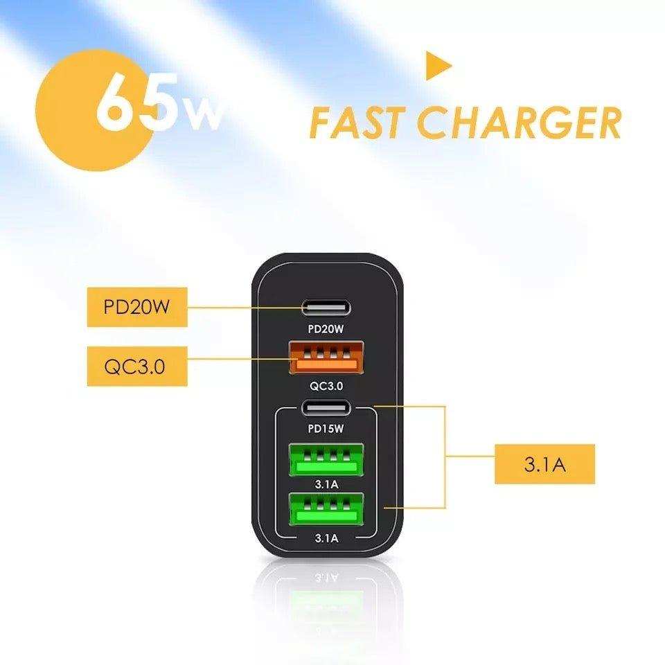 65W fast charger with multiple USB ports and power outputs labeled PD20W, QC3.0, 3.1A. TUTT