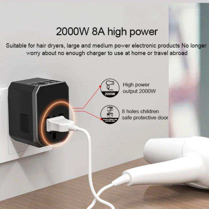 Universal travel adapter with USB ports and hair dryer connected, high power 2000W, TUTT