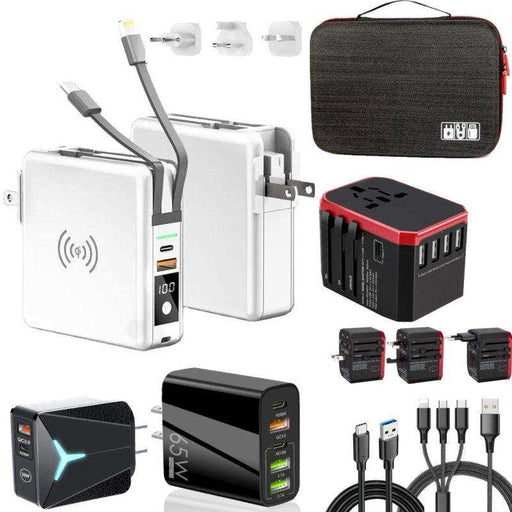 Travel charging kit with 10000mAh power bank, universal travel adapter, cables, hard shell bag, TUTT
