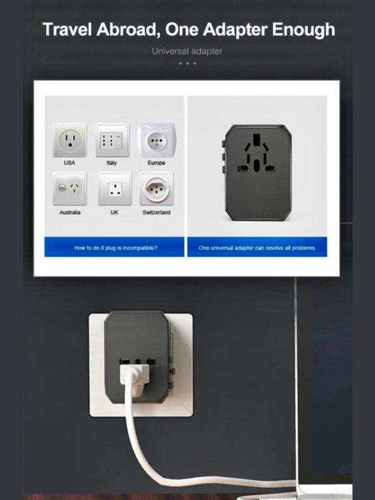 Universal travel adapter with multiple international plug types shown and plugged into wall, TUTT