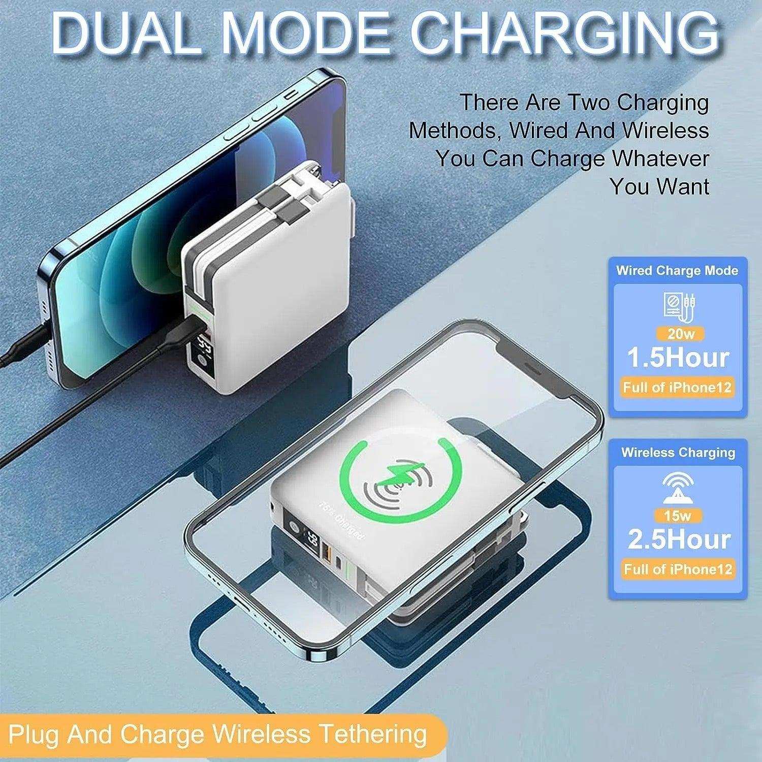 Dual mode charging travel power bank and adapter charging two smartphones via wired and wireless methods, TUTT