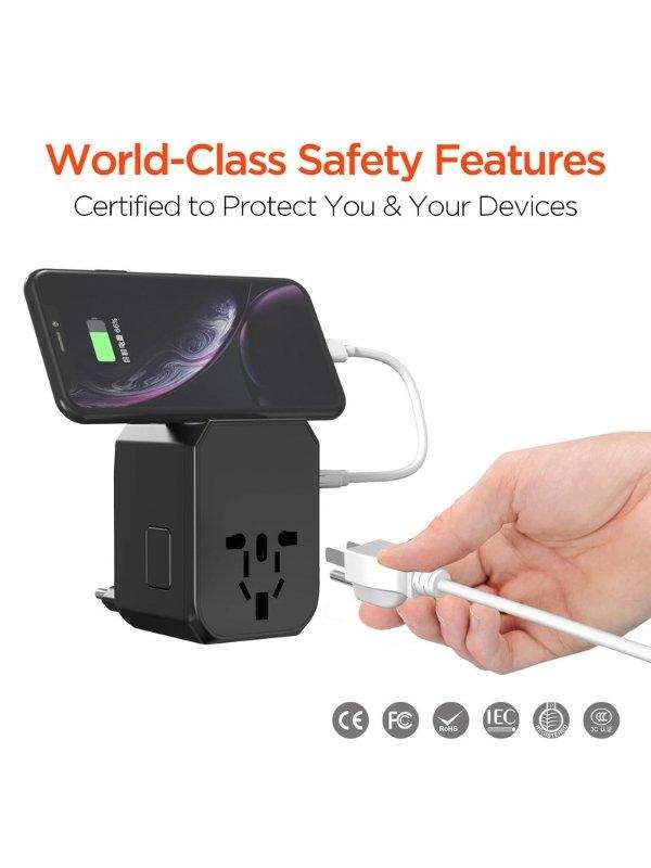 Universal travel adapter with multi-plug ports charging phone, safety certified features, TUTT