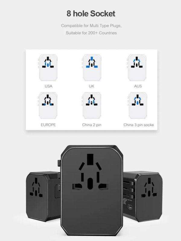 Universal travel adapter with multi-country plug compatibility and 8 hole socket, black design TUTT