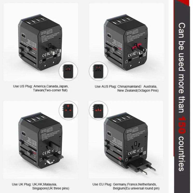 Universal travel adapter with 4 USB ports for US, UK, EU, and AUS plugs for 150+ countries, TUTT
