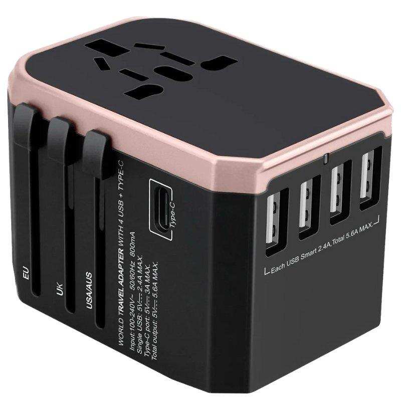 Universal travel adapter with four USB ports and Type-C port, black and rose gold design, TUTT