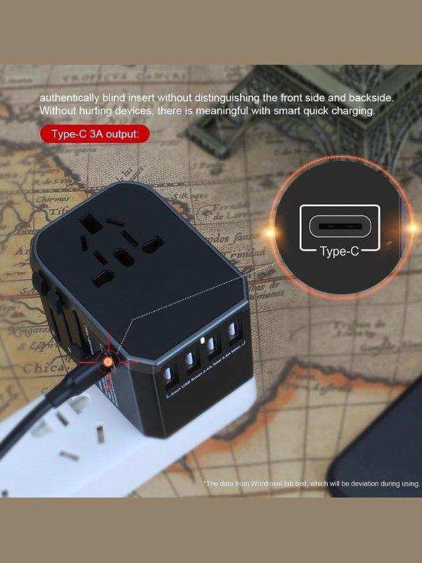 Universal travel adapter with multiple USB ports and Type-C output on a map background, TUTT