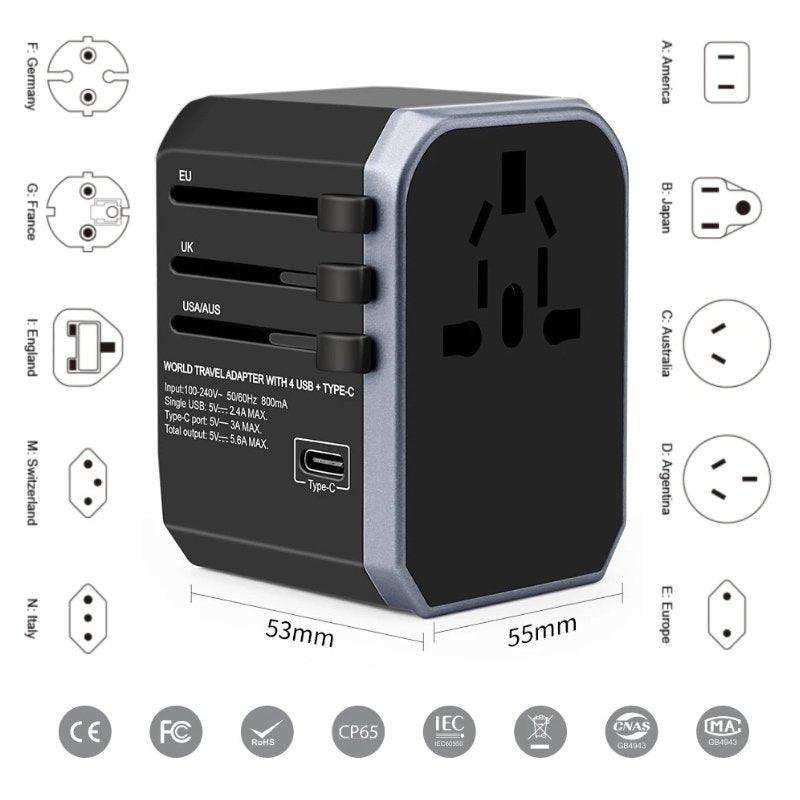 Universal travel adapter with 4 USB ports, Type-C, multiple country plugs, black, TUTT