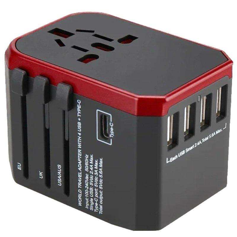 Universal travel adapter with red top, 4 USB ports, Type-C port, EU/UK/US/AUS plugs, TUTT