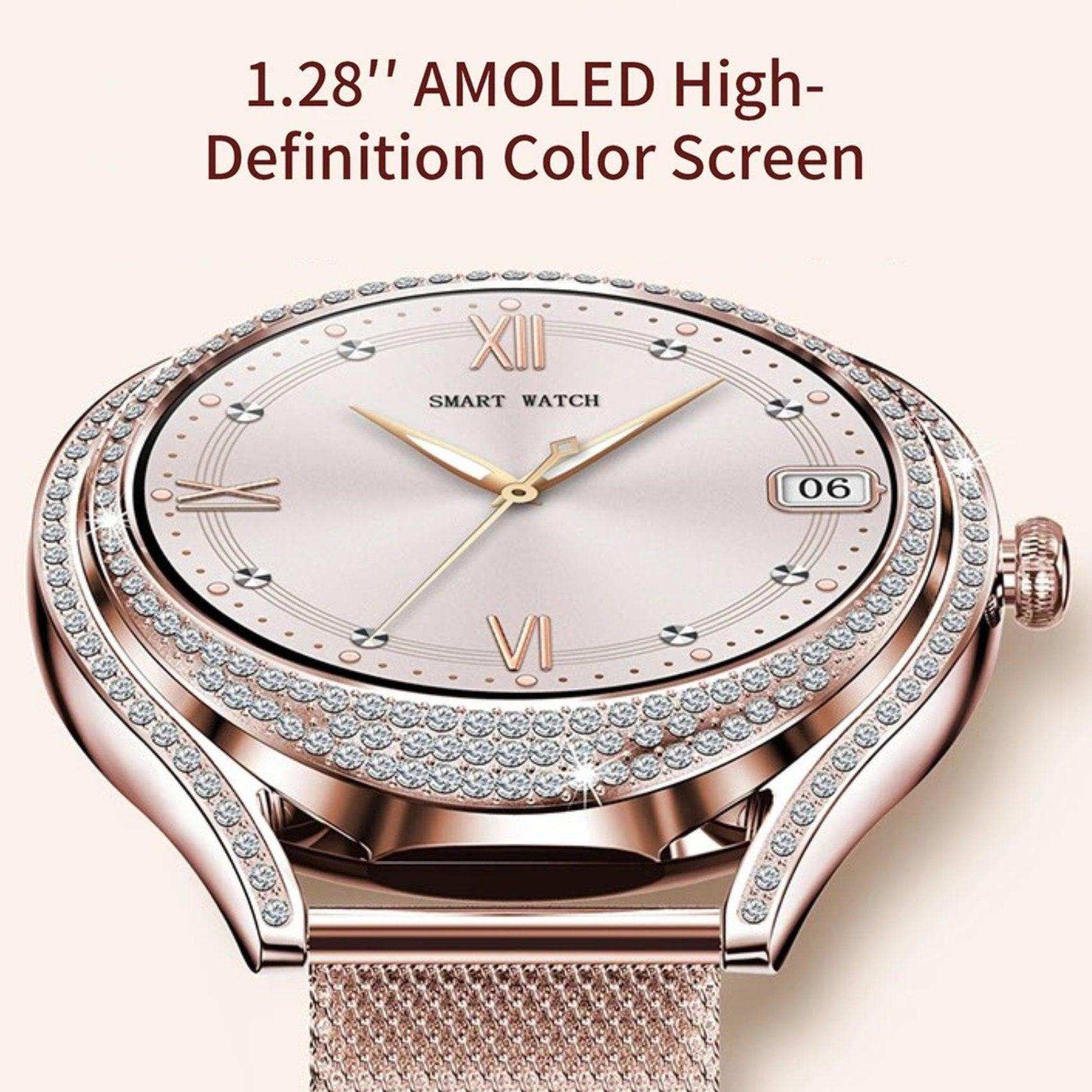 Rose gold ladies smartwatch with diamond accents and 1.28-inch AMOLED display, close-up view TUTT