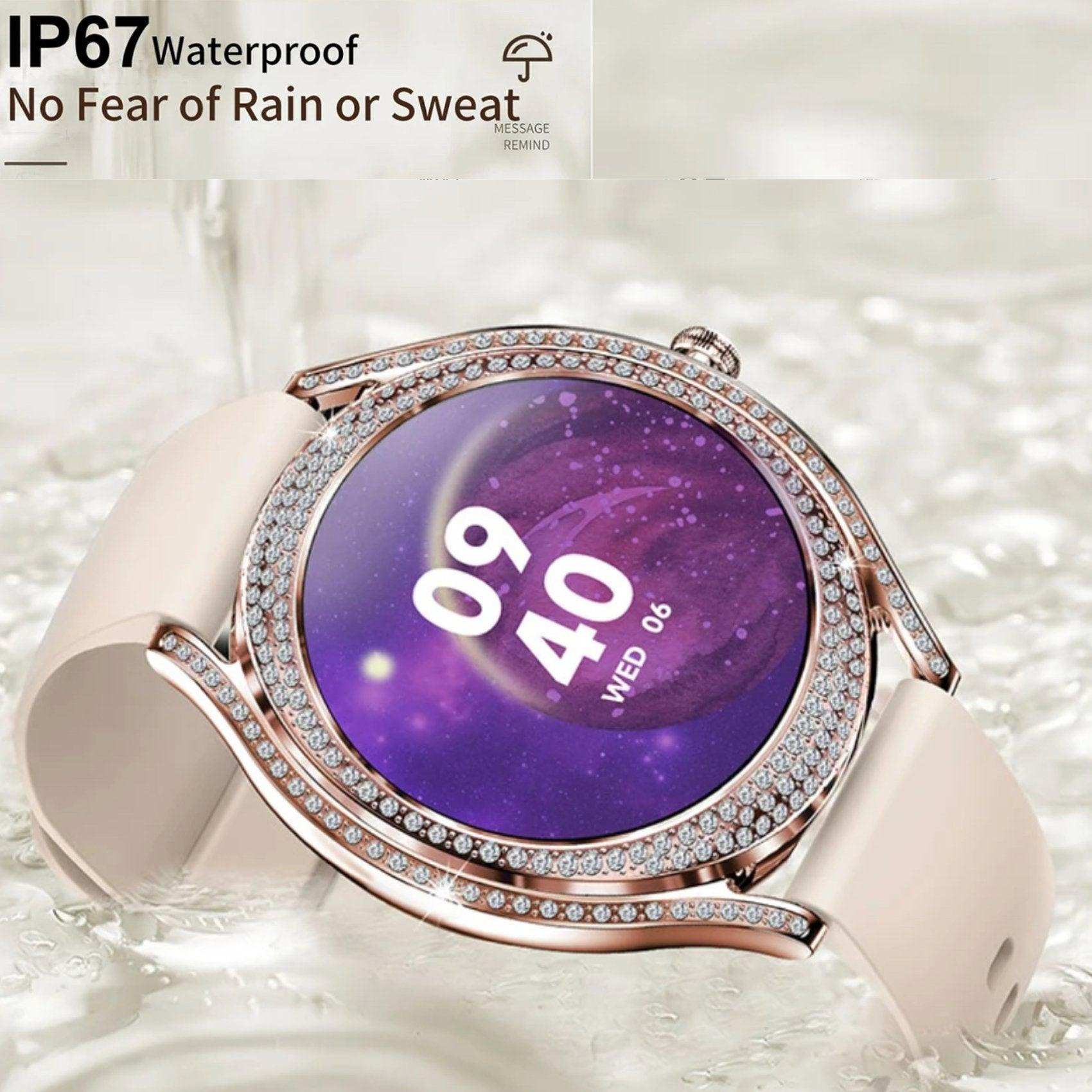 Rose gold ladies smart watch with AMOLED display, cubic zirconia bezel, silicone strap, waterproof, in water. TUTT