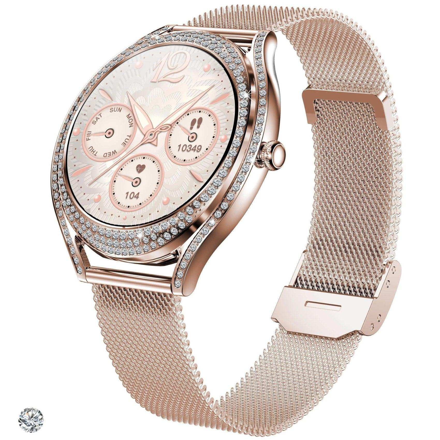 Rose gold ladies smart watch with zirconia bezel, mesh strap, digital display, fitness tracker TUTT