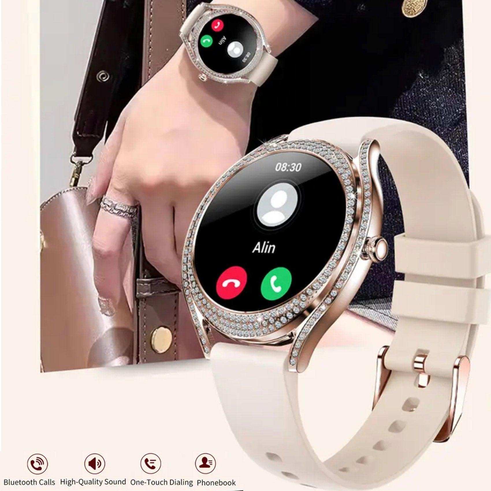 Elegant women's smartwatch with AMOLED display, zirconia bezel, silicone strap, and call screen. TUTT