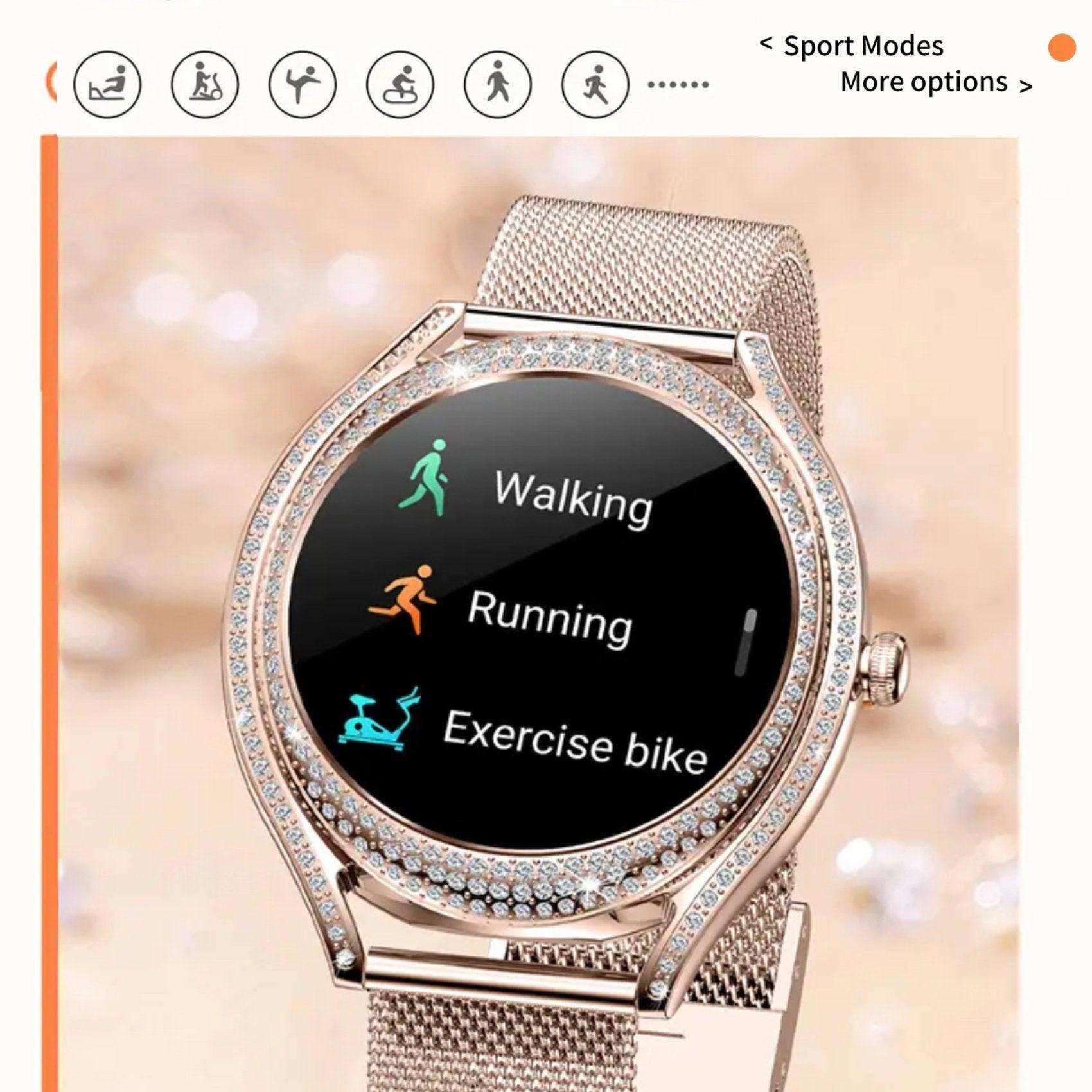 Rose gold women's smart watch with cubic zirconia bezel showing walking, running, exercise bike modes, mesh strap, AMOLED display, fitness tracker. TUTT