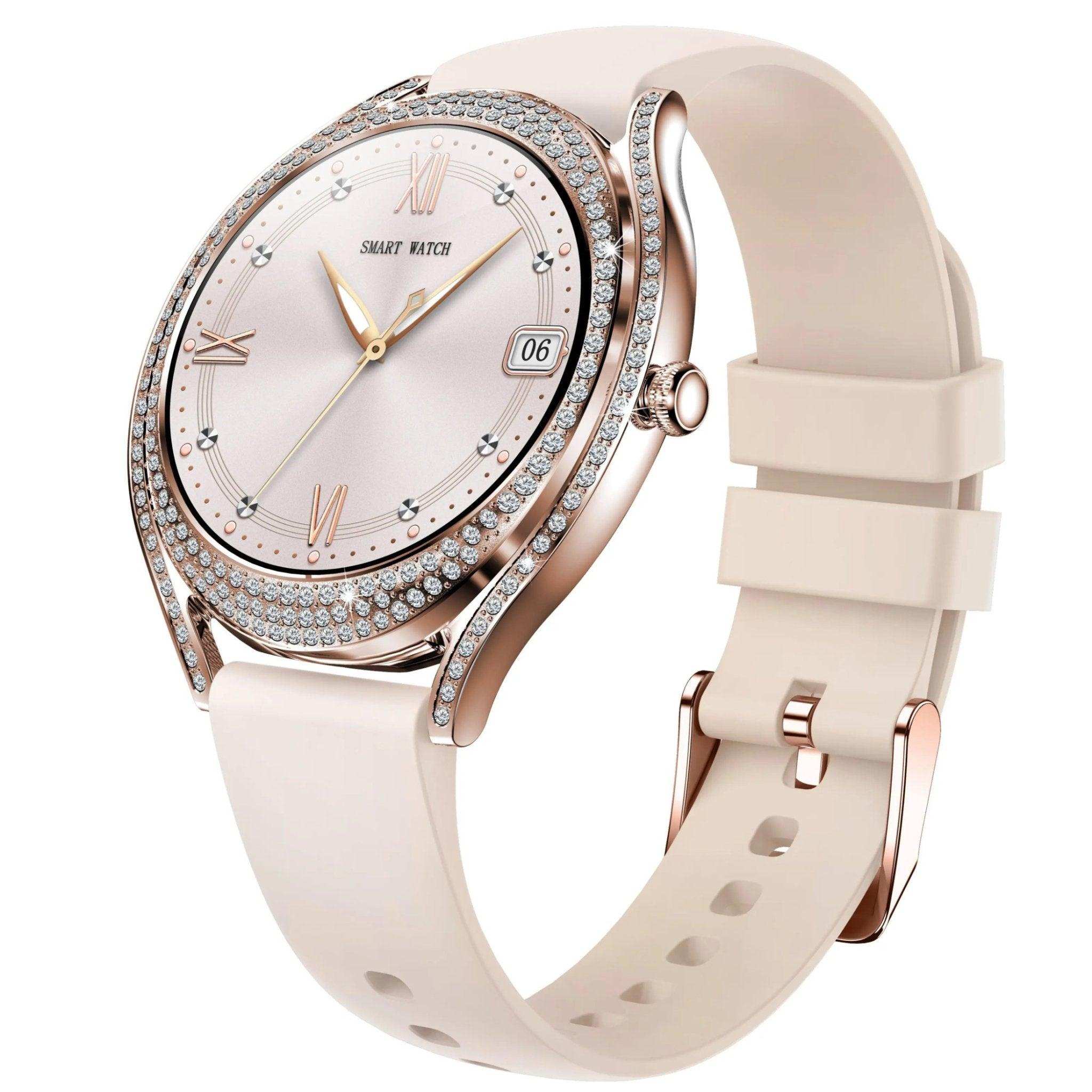 Elegant ladies' smart watch with rose gold case, zirconia stones, and beige silicone strap TUTT