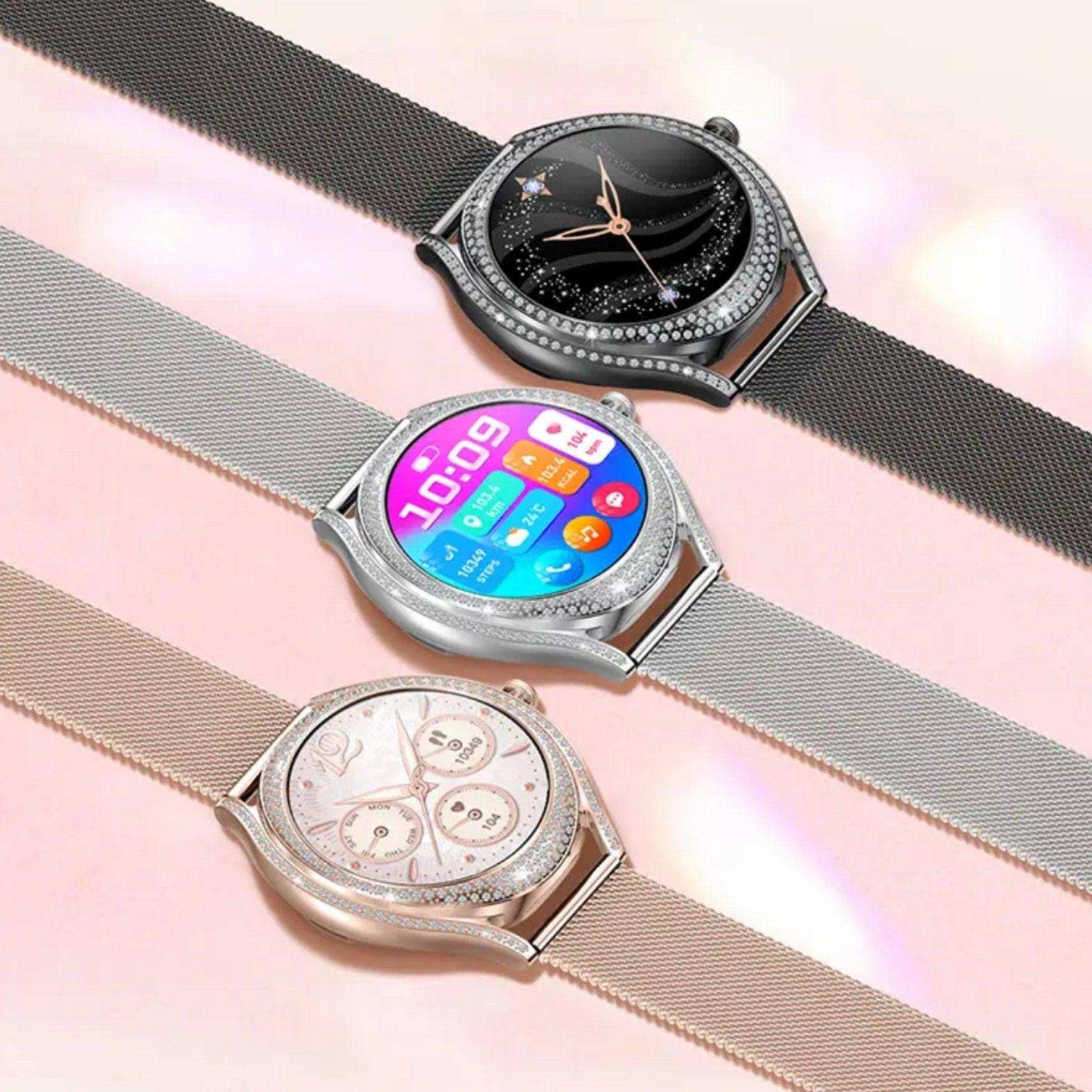 Three TUTT V66 smartwatches for women with AMOLED displays, zirconia bezels, and metal mesh straps. TUTT