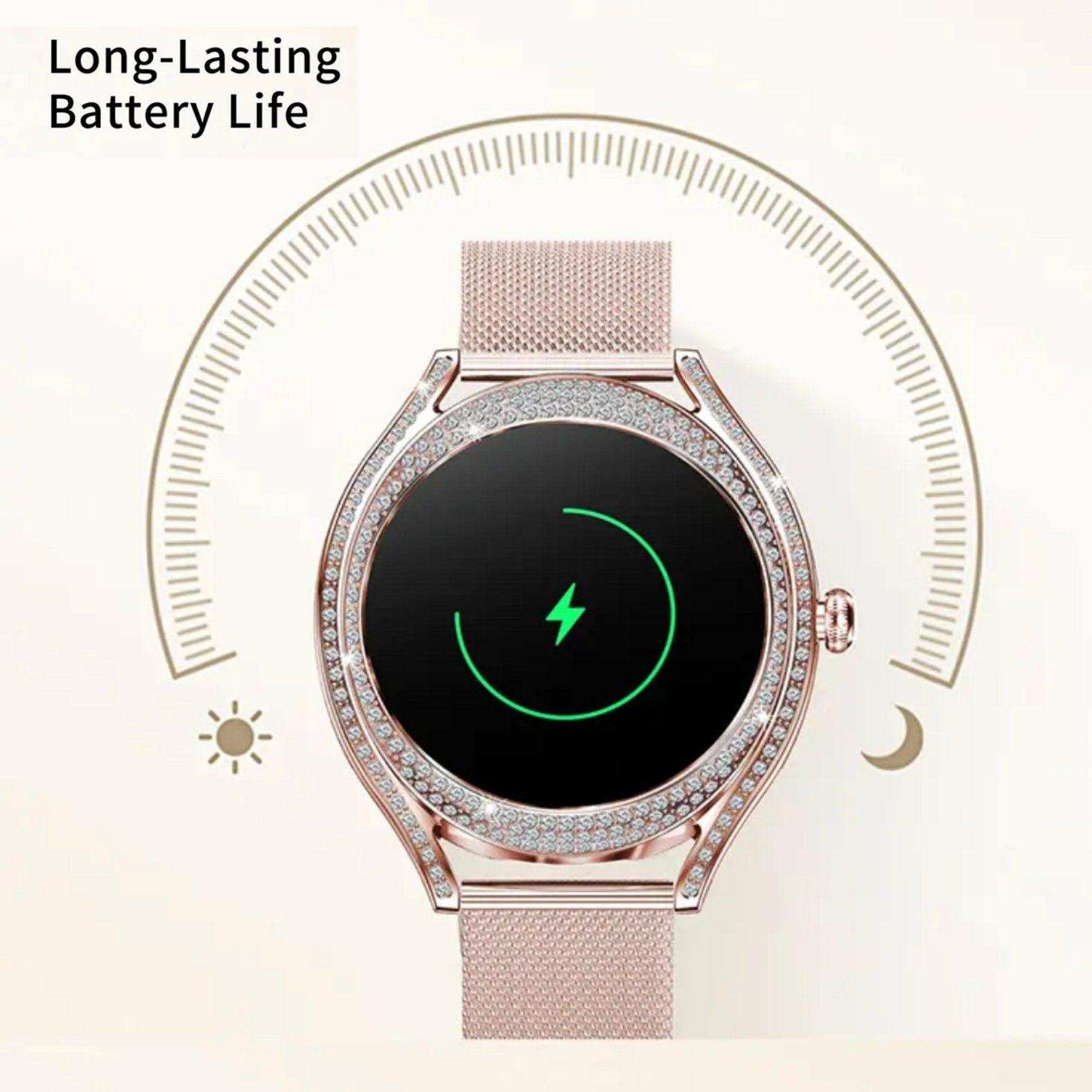Rose gold ladies smart watch with diamond bezel, mesh strap, charging display, long battery life, TUTT