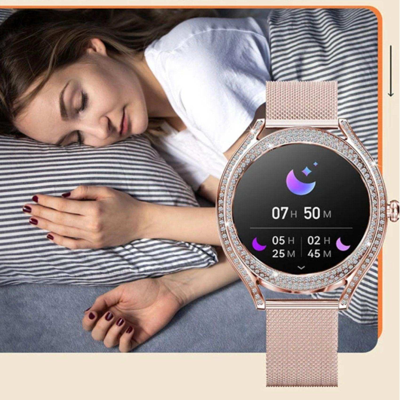 Woman sleeping beside TUTT V66 ladies smartwatch with AMOLED display and sleep tracker, rose gold. TUTT