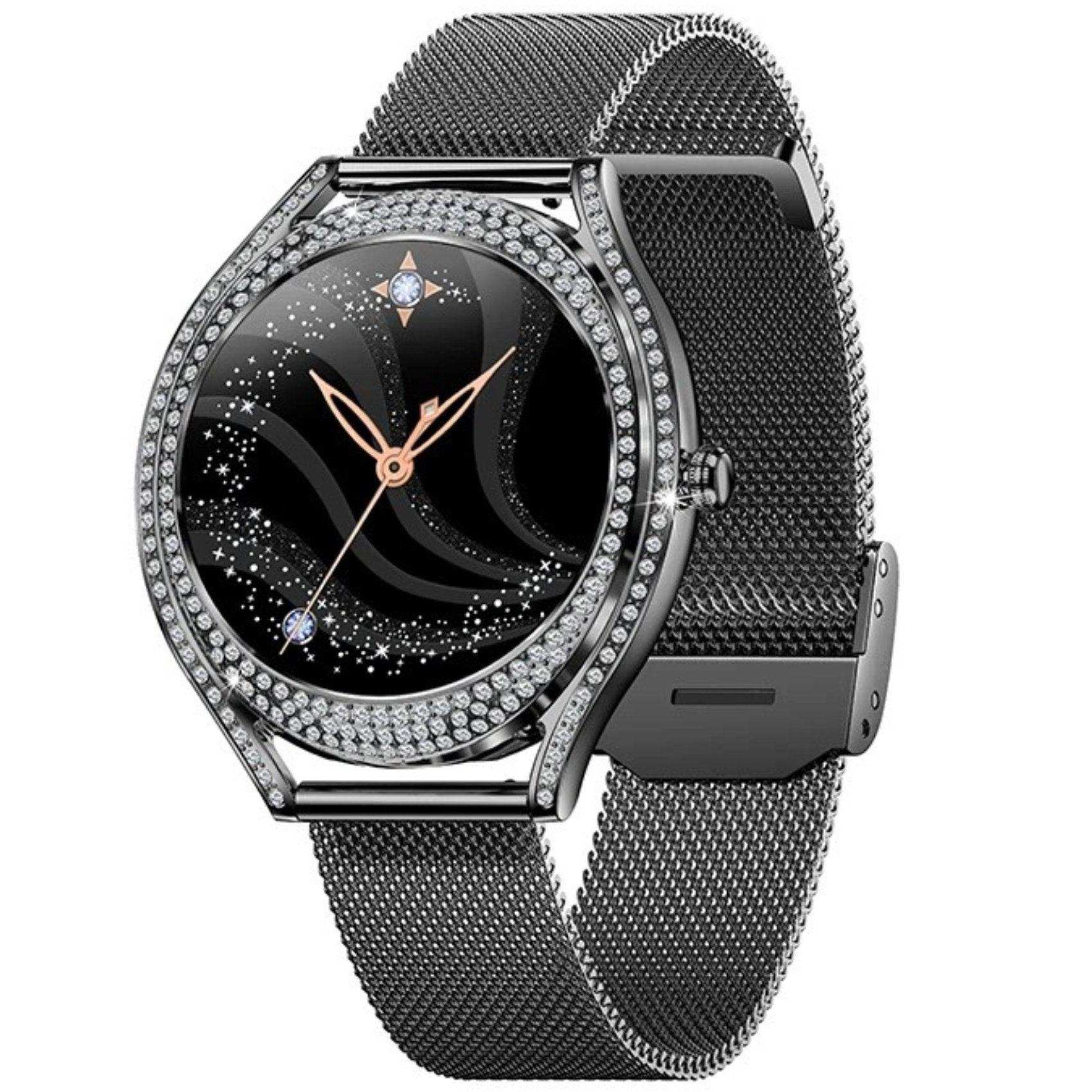 Elegant women's smart watch with diamond-studded bezel, black mesh strap, and starry display TUTT