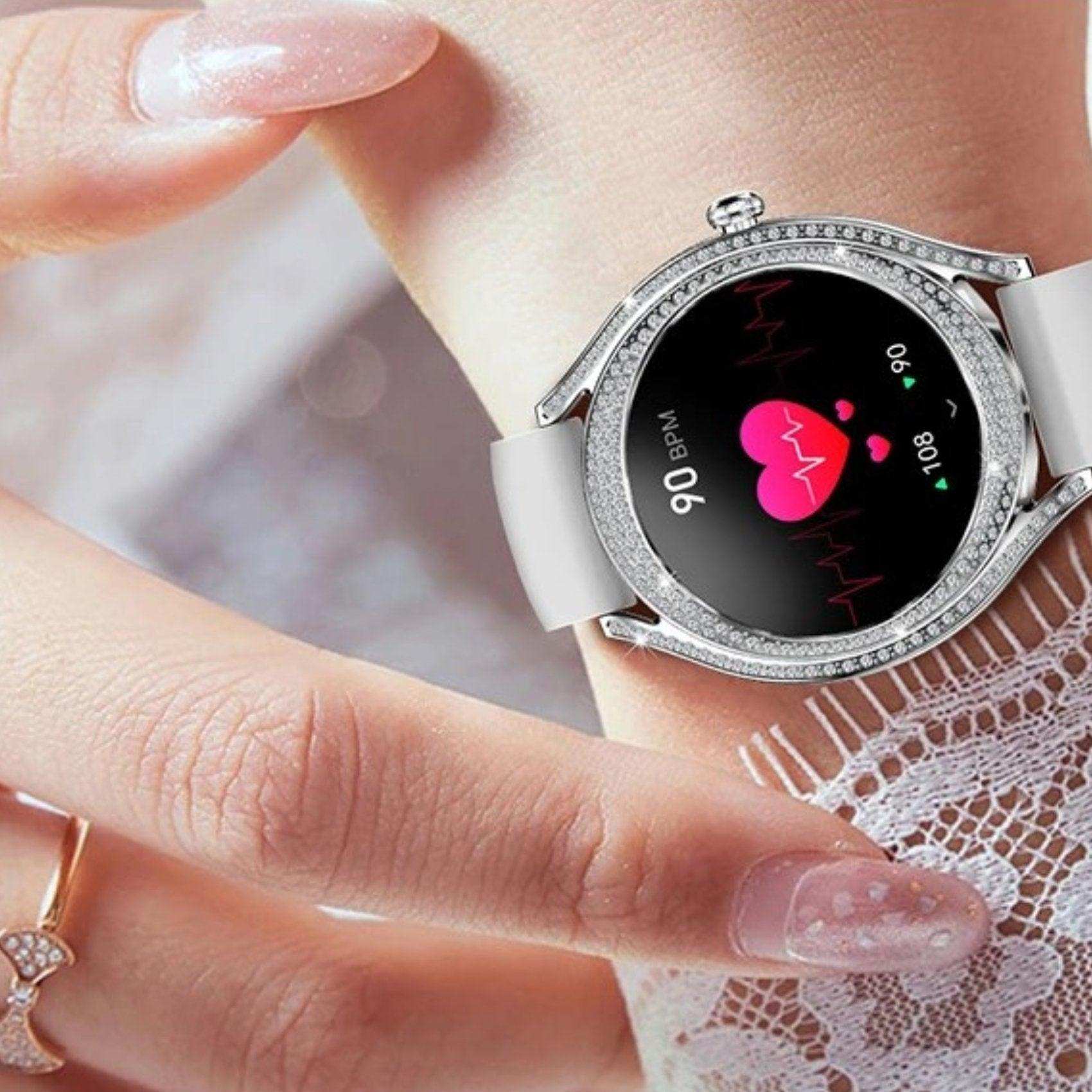 Elegant women's smart watch with zirconia bezel, white strap, heart rate display, TUTT