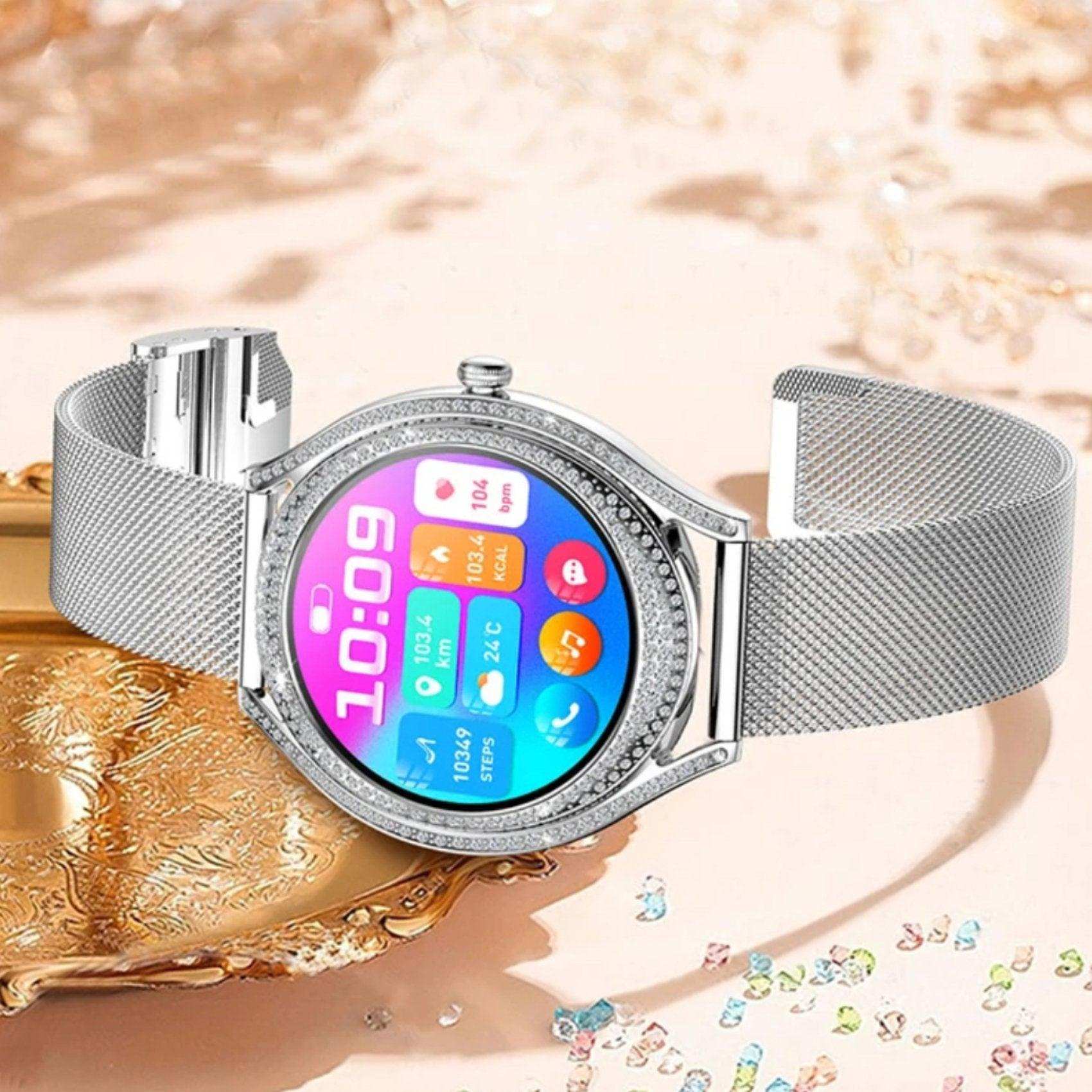 Silver ladies' smart watch with AMOLED display, zirconia bezel, fitness tracker on elegant background TUTT