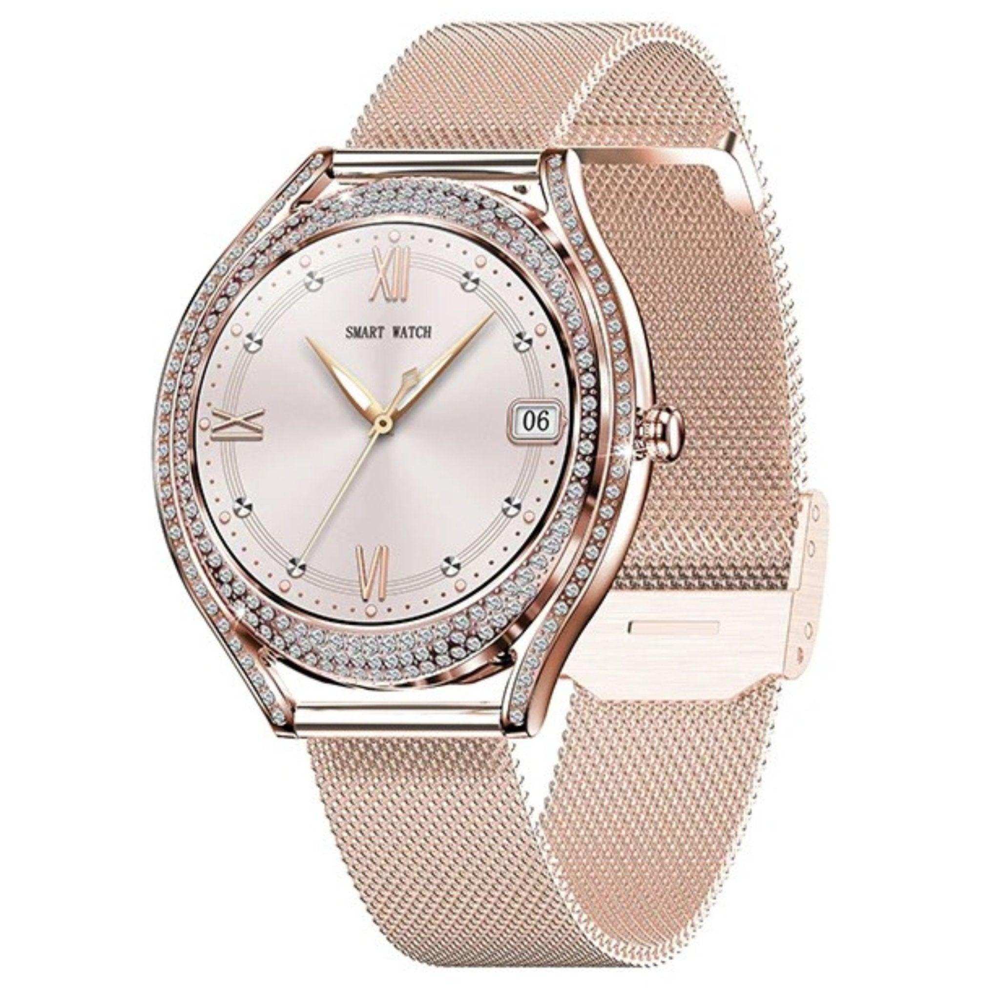 Rose gold ladies smart watch with cubic zirconia bezel and mesh strap, analog display, TUTT