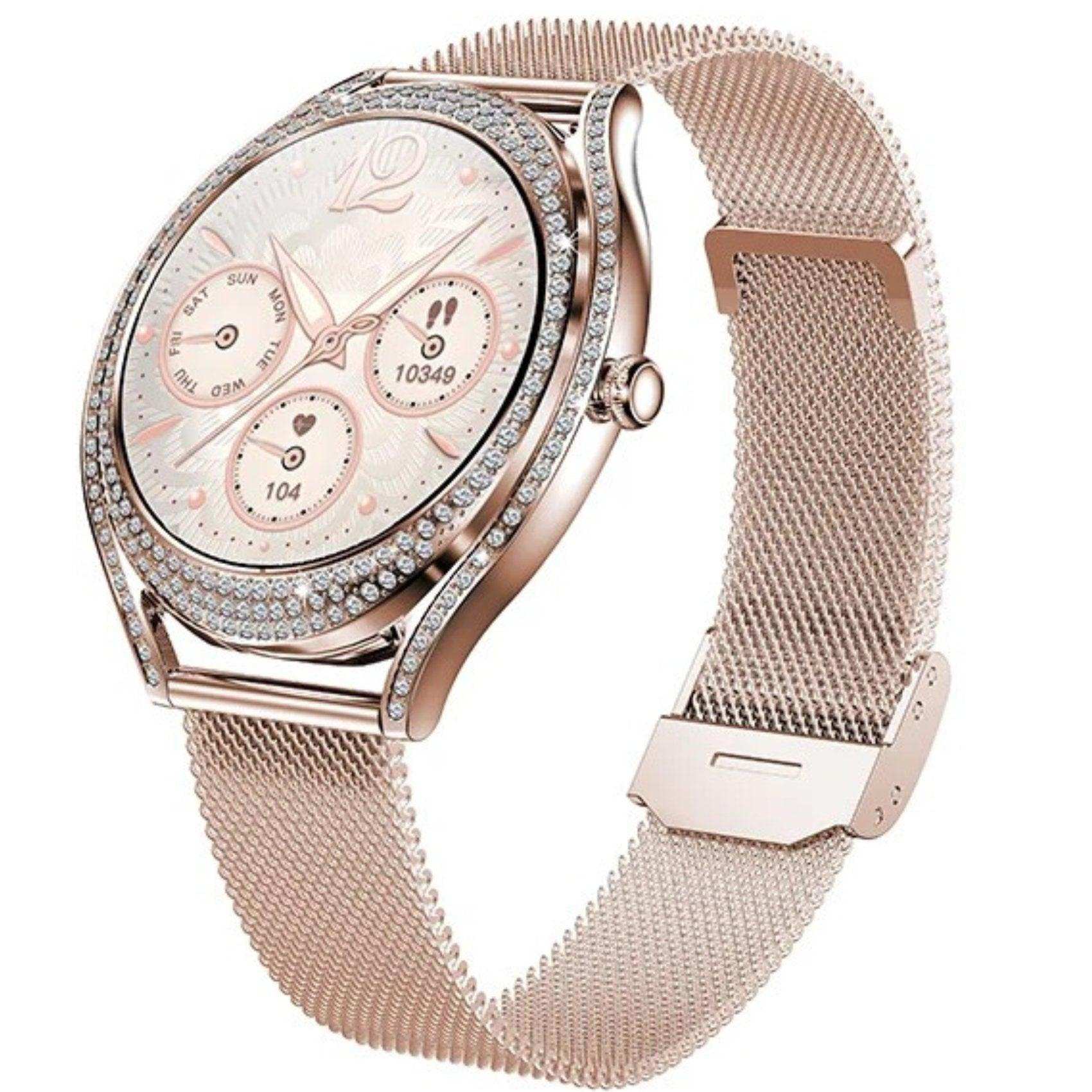 Rose gold ladies smart watch with diamond-studded bezel and mesh strap, fitness display. TUTT
